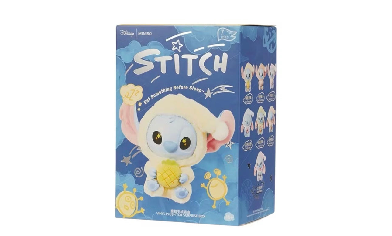 Miniso Top Toy Disney Stitch Eating Something Before Sleep Plush Keychain Sealed Blind Box